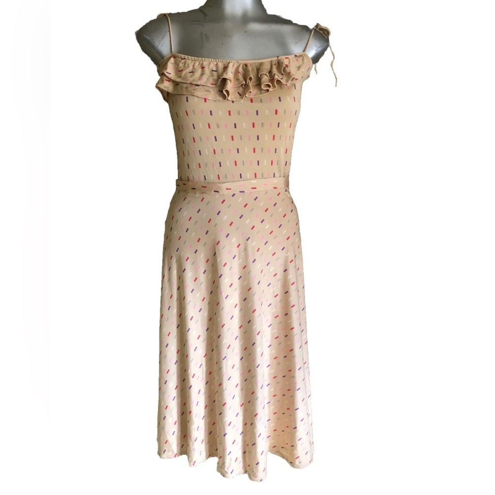 VTG Y2K Amanda Uprichard Beige Pink Purple Dash Print Skirt & Ruffled Top Set